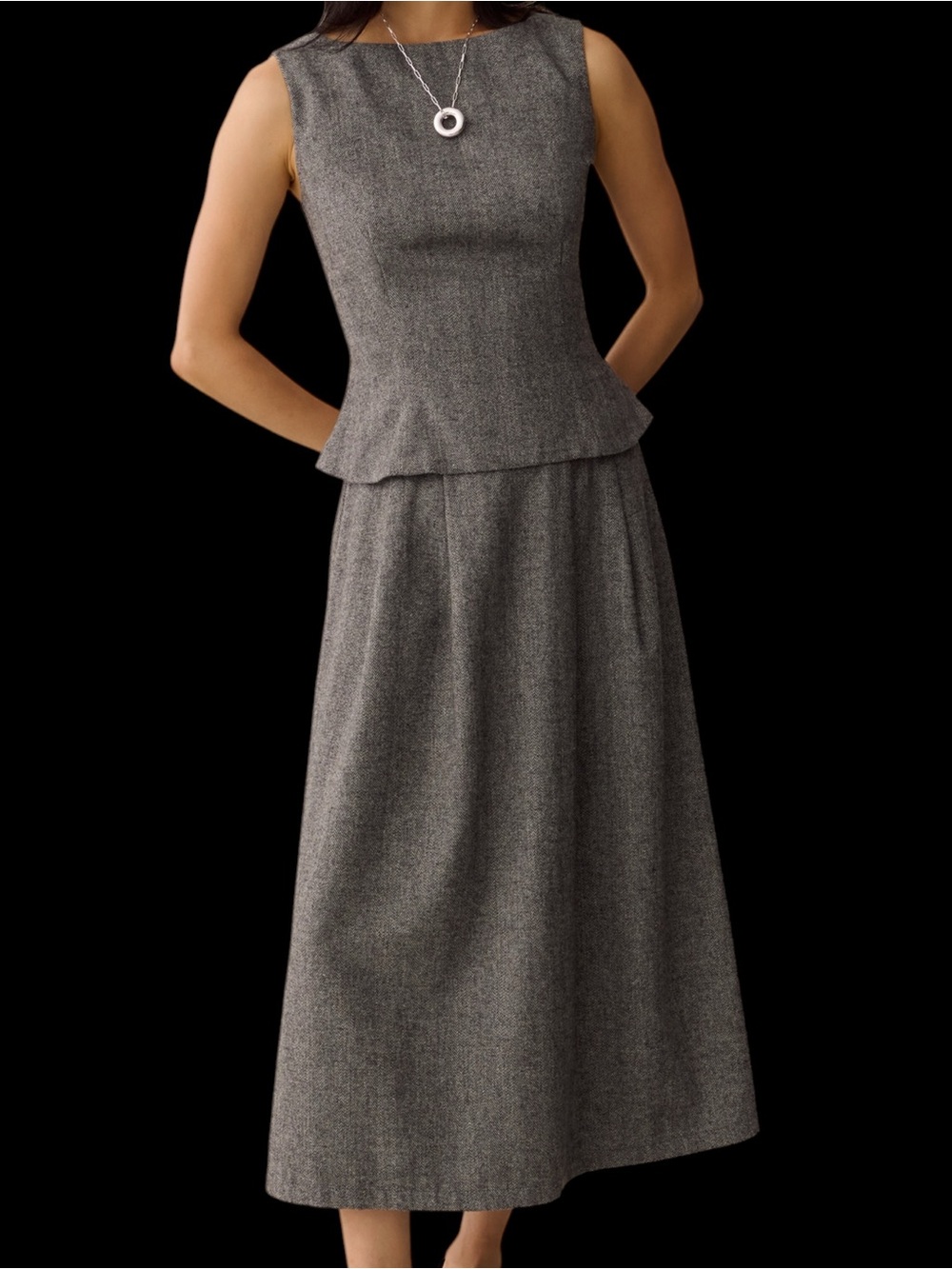 Few Moda Aveline Set Gray Herringbone Maxi Skirt - Classic A-Line NWT